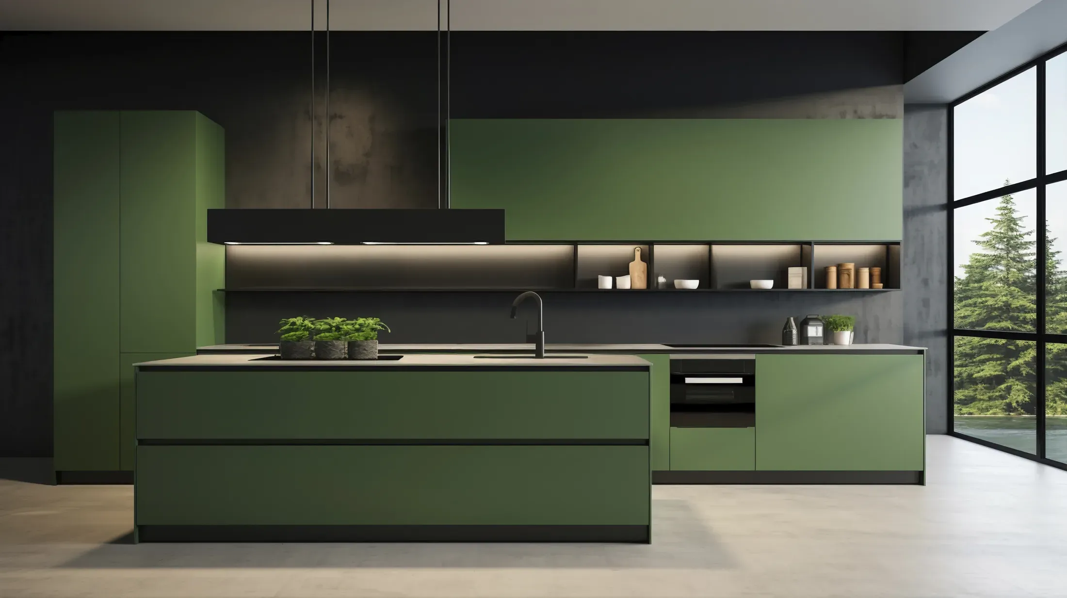 Modern modular kitchen with wood and grey cabinets and an open dining area