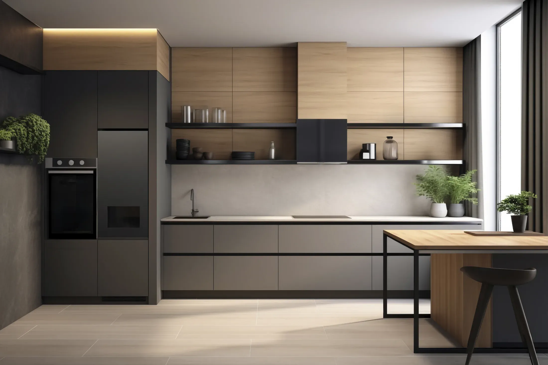 Minimal modular kitchen with wooden wall units and a breakfast table