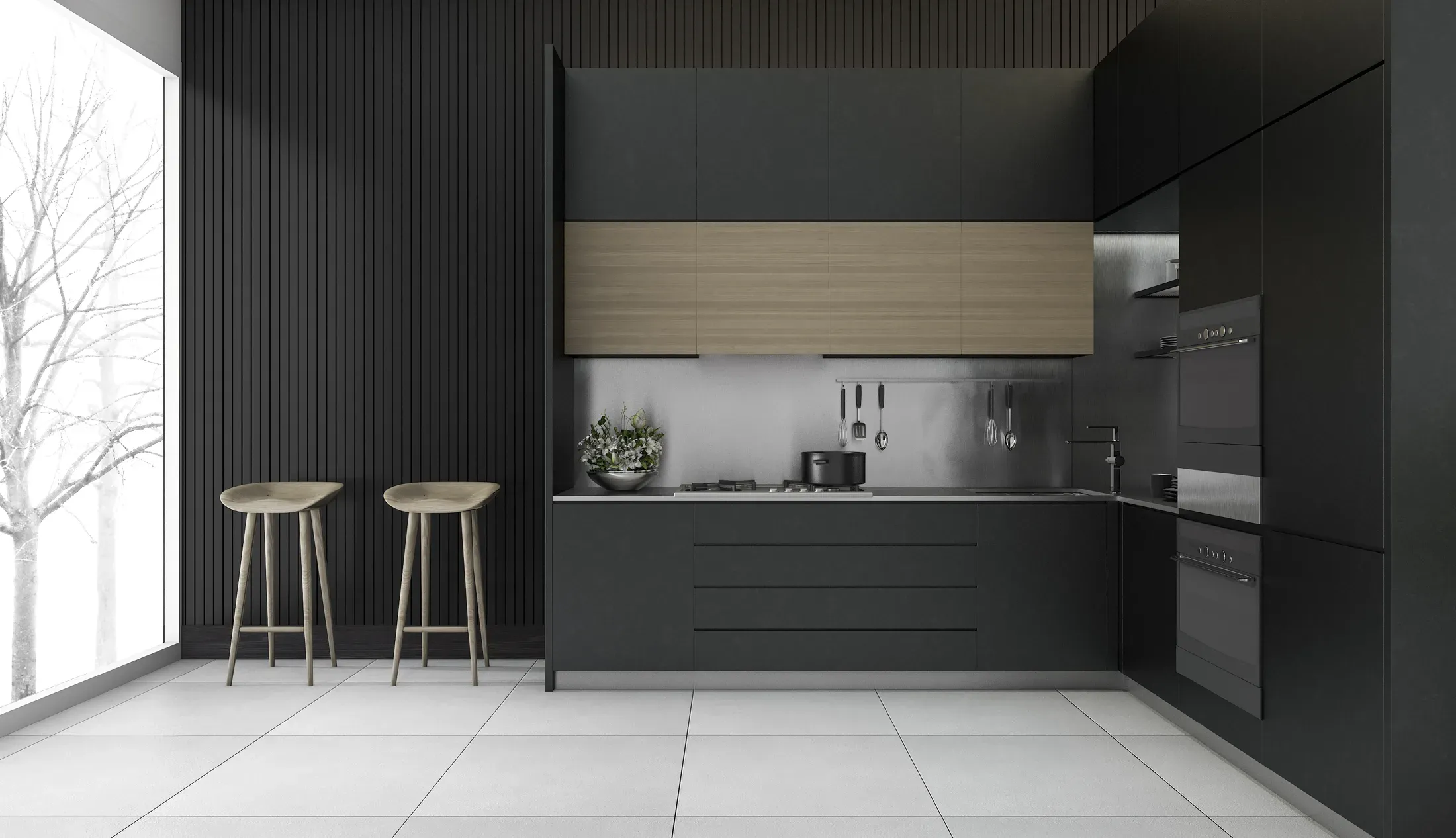 Dark modern kitchen with wood accents and bar stools