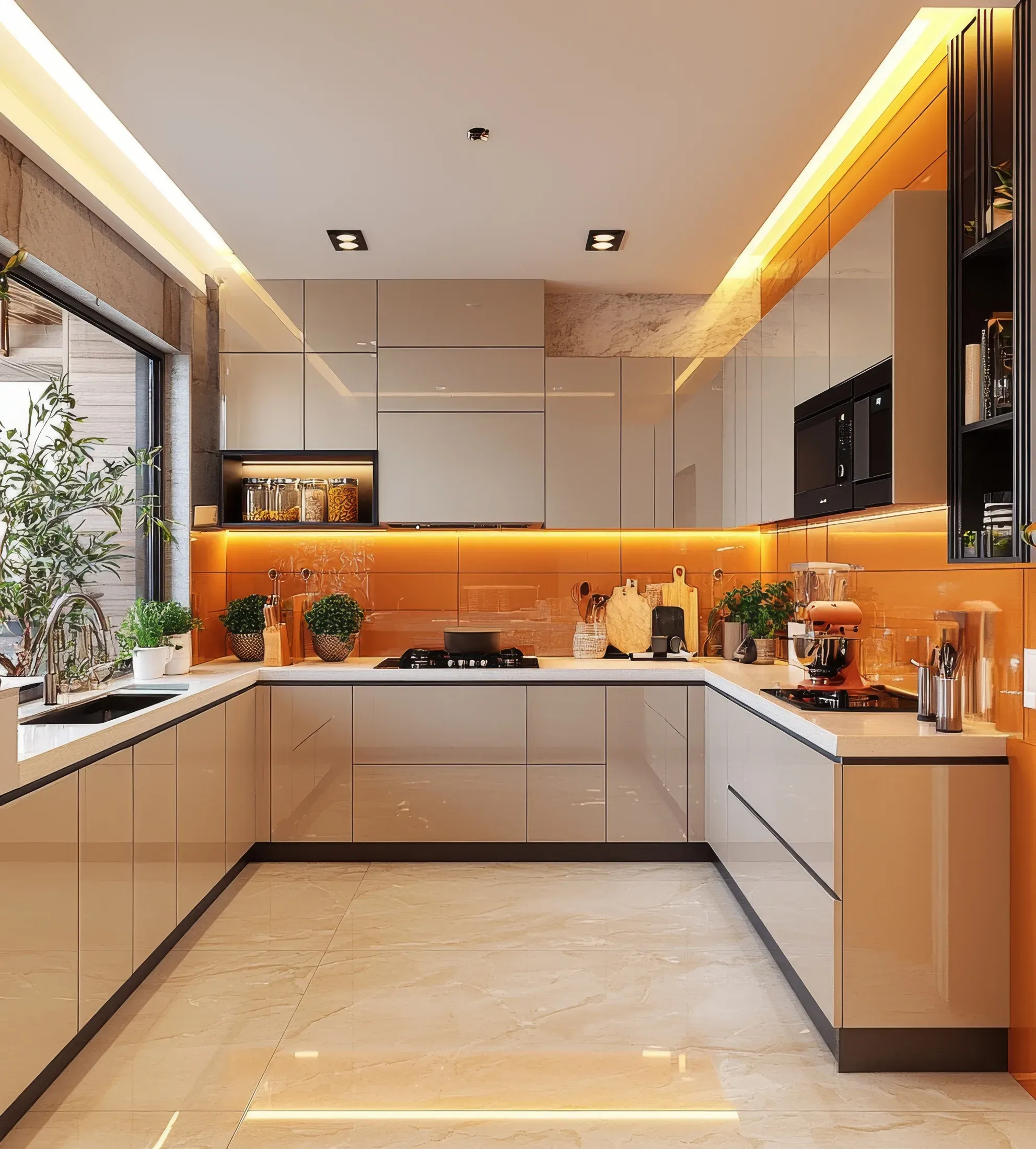 Modern U-shaped kitchen with warm accent lighting